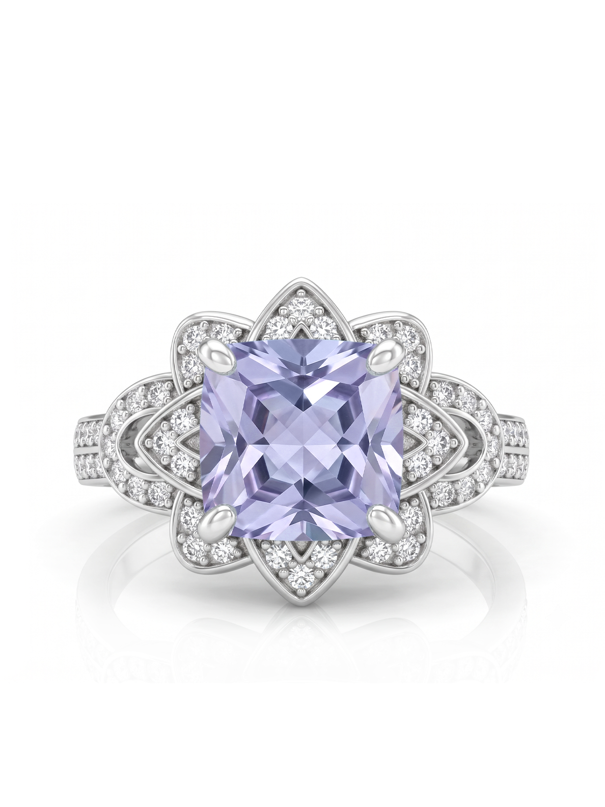 Princess Cut Floral Halo Ring - Lavender Amethyst
