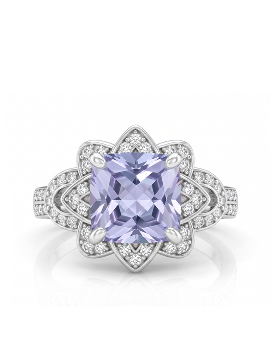 Princess Cut Floral Halo Ring - Lavender Amethyst