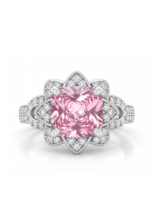 Princess Cut Floral Halo Ring - Pink Morganite