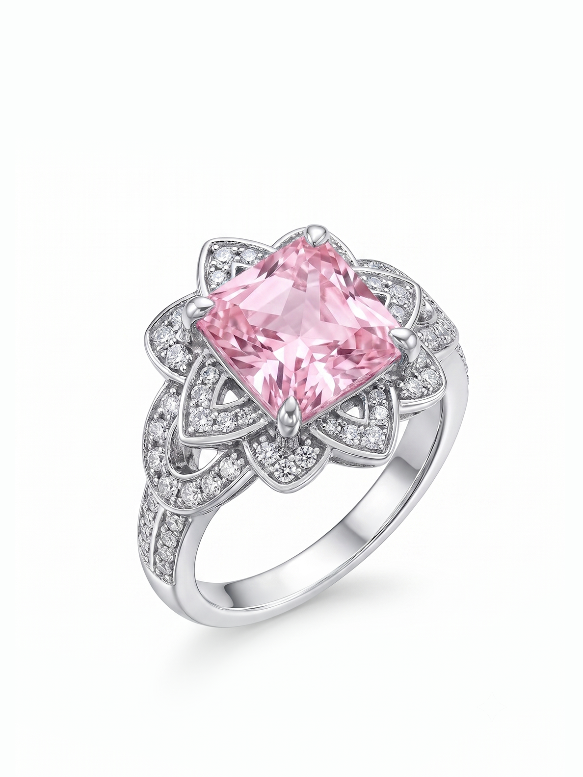 Princess Cut Floral Halo Ring - Pink Morganite