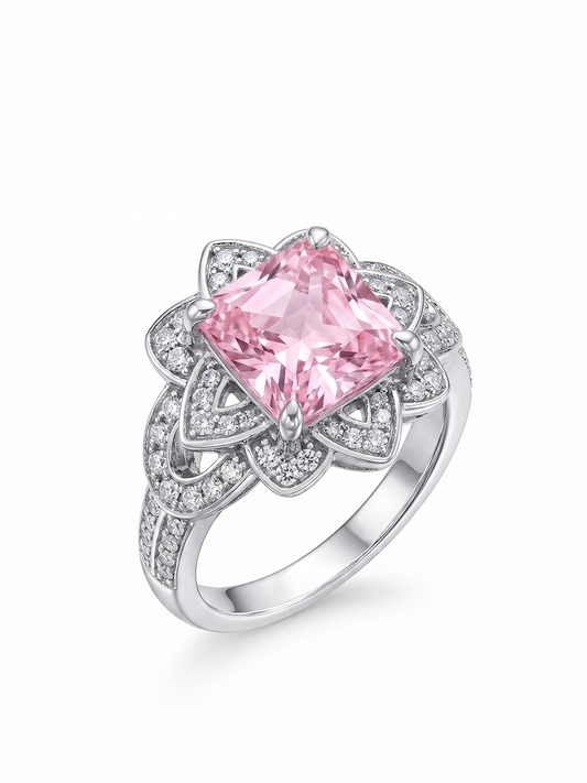 Princess Cut Floral Halo Ring - Pink Morganite