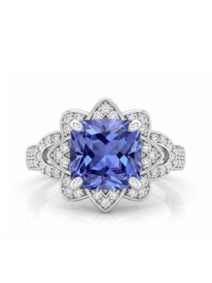 Princess Cut Floral Halo Ring - Purple Tanzanite