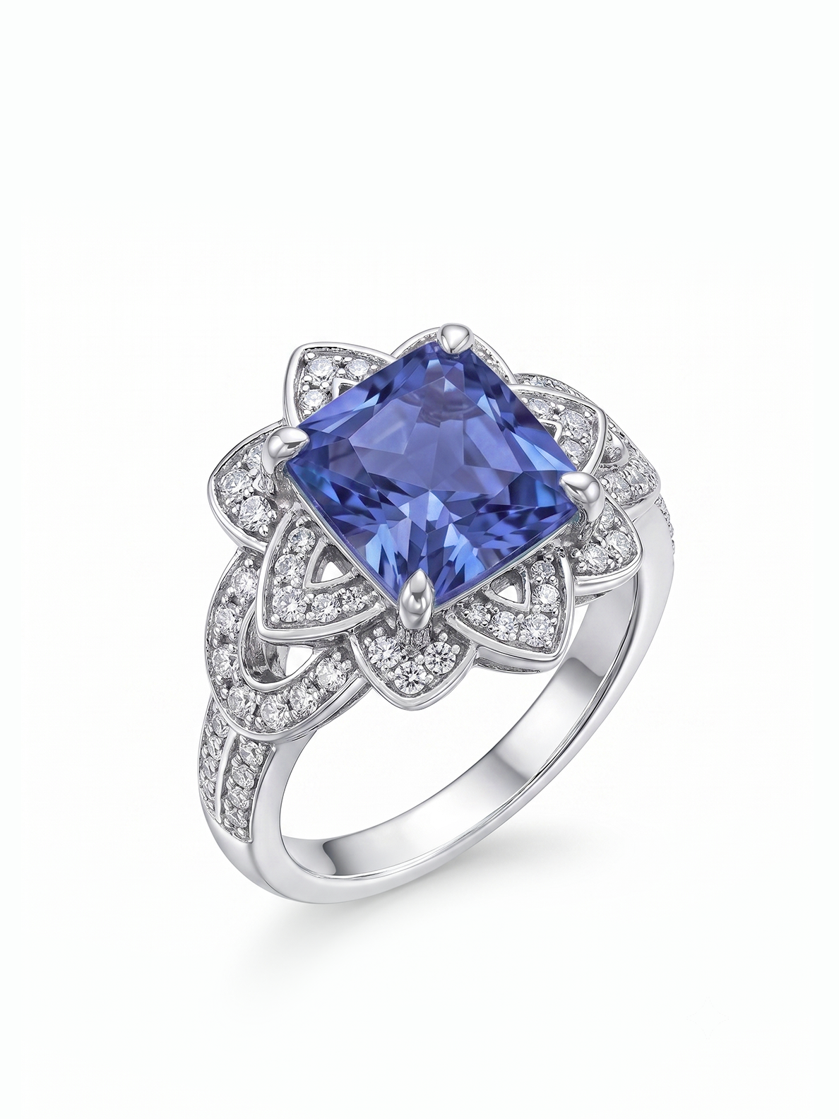 Princess Cut Floral Halo Ring - Purple Tanzanite