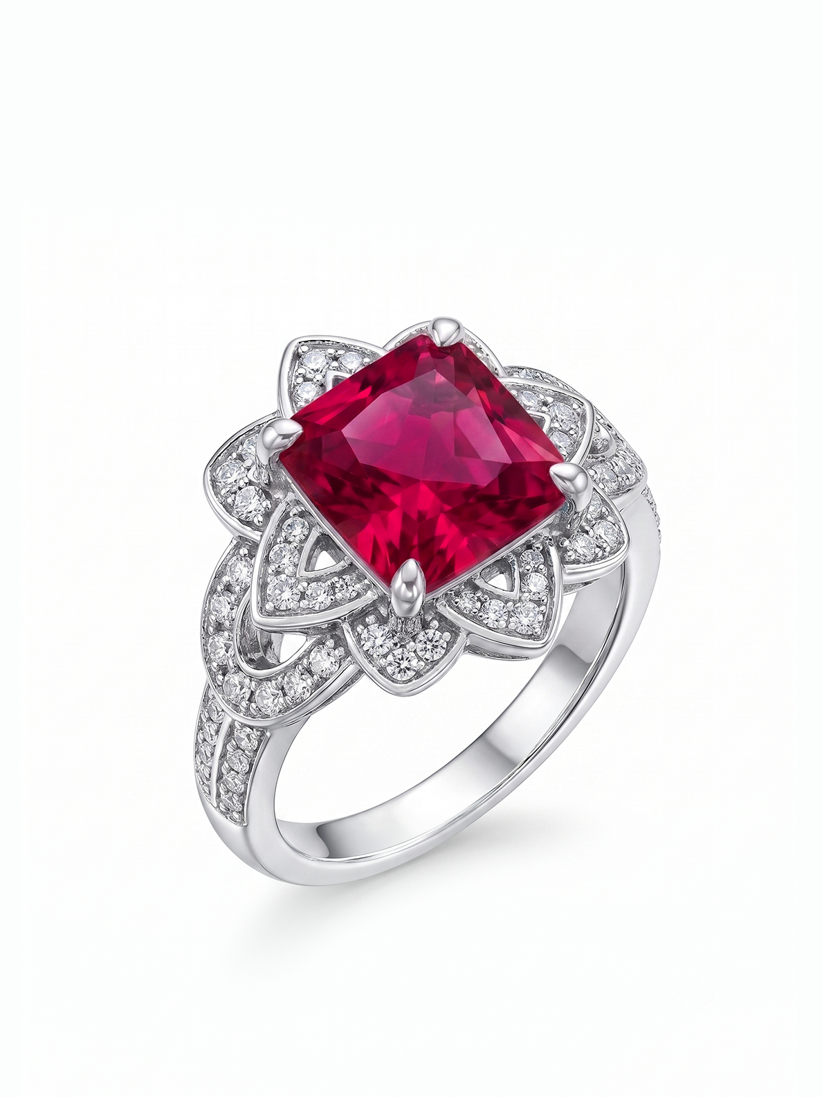 Princess Cut Floral Halo Ring - Ruby