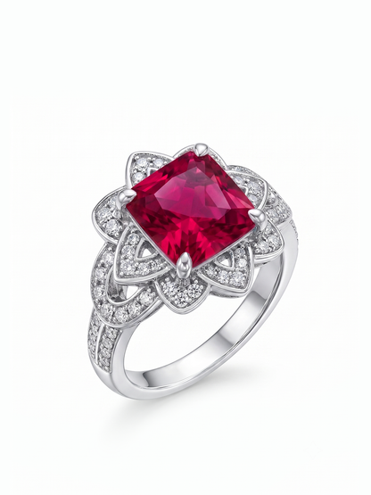 Princess Cut Floral Halo Ring - Ruby