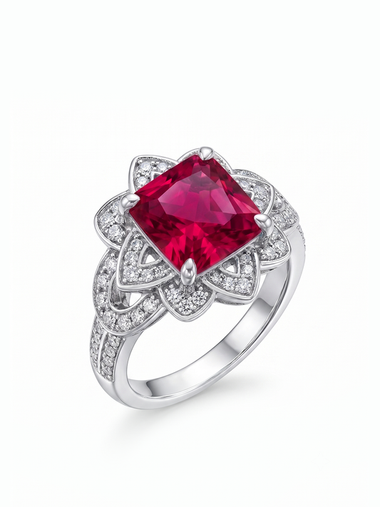 Princess Cut Floral Halo Ring - Ruby