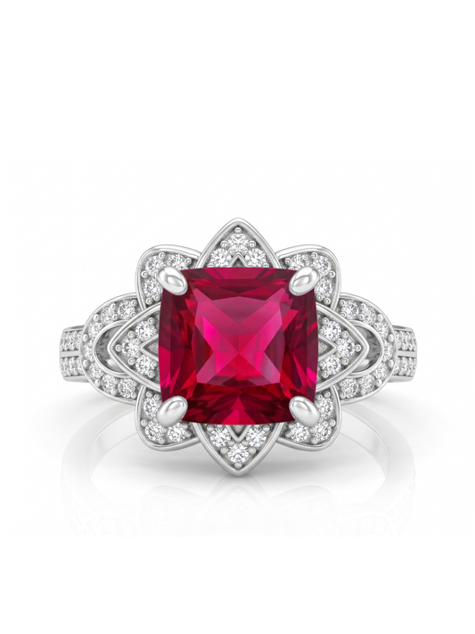 Princess Cut Floral Halo Ring - Ruby
