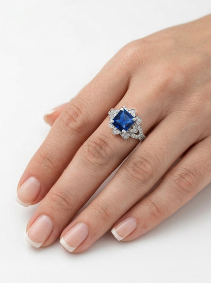 Princess Cut Floral Halo Ring - Blue Sapphire