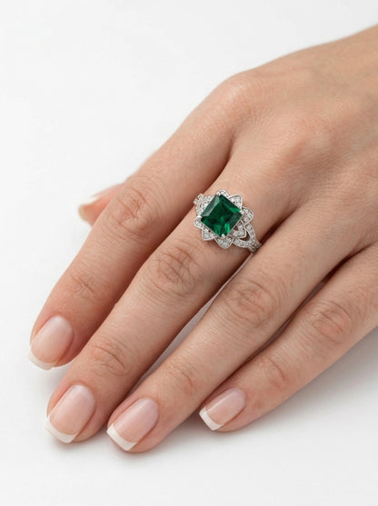 Princess Cut Floral Halo Ring - Emerald Green