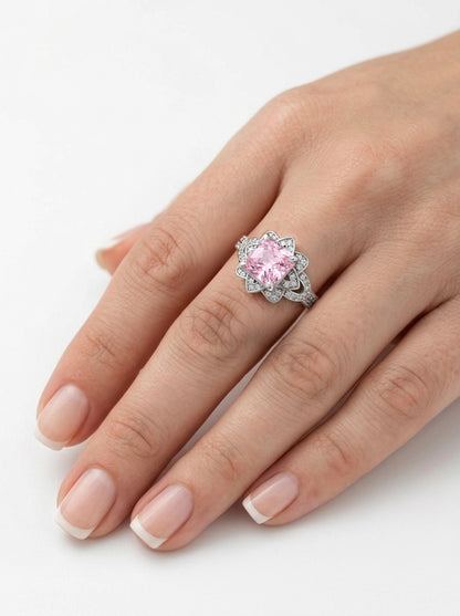 Princess Cut Floral Halo Ring - Pink Morganite