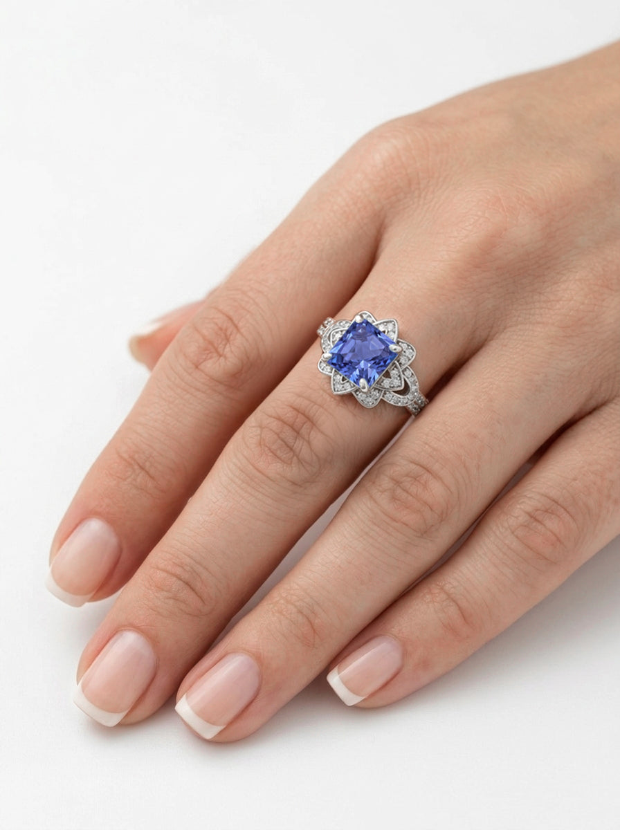 Princess Cut Floral Halo Ring - Purple Tanzanite